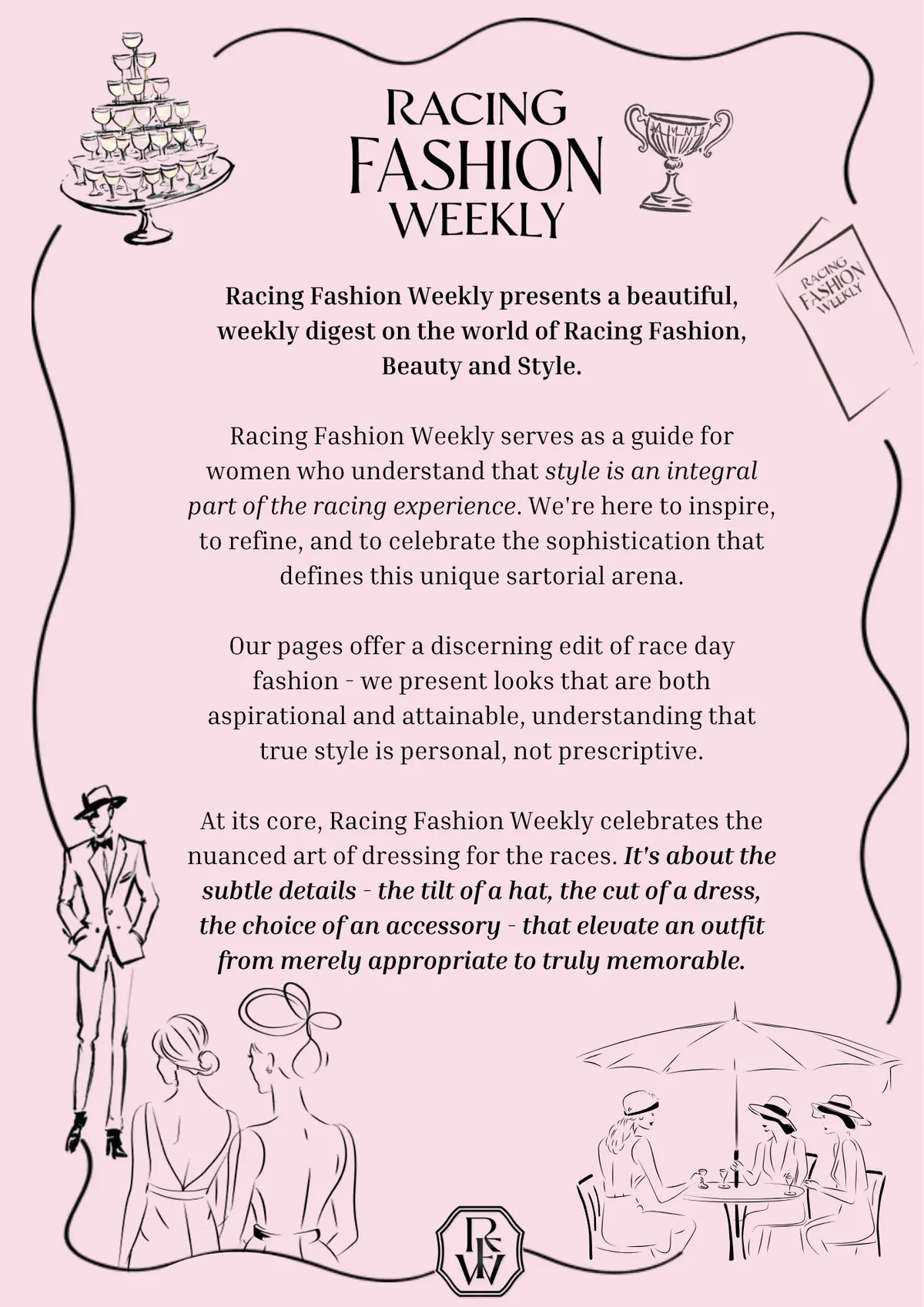 Spring Style Guide, page 17: Racing Fashion Weekly presents a beautiful, weekly digest on the world of Racing Fashion, Beauty and Style. Racing Fashion Weekly serves as a guide for women who understand that style is an integral part of the racing experience. We're here to inspire, to refine, and…