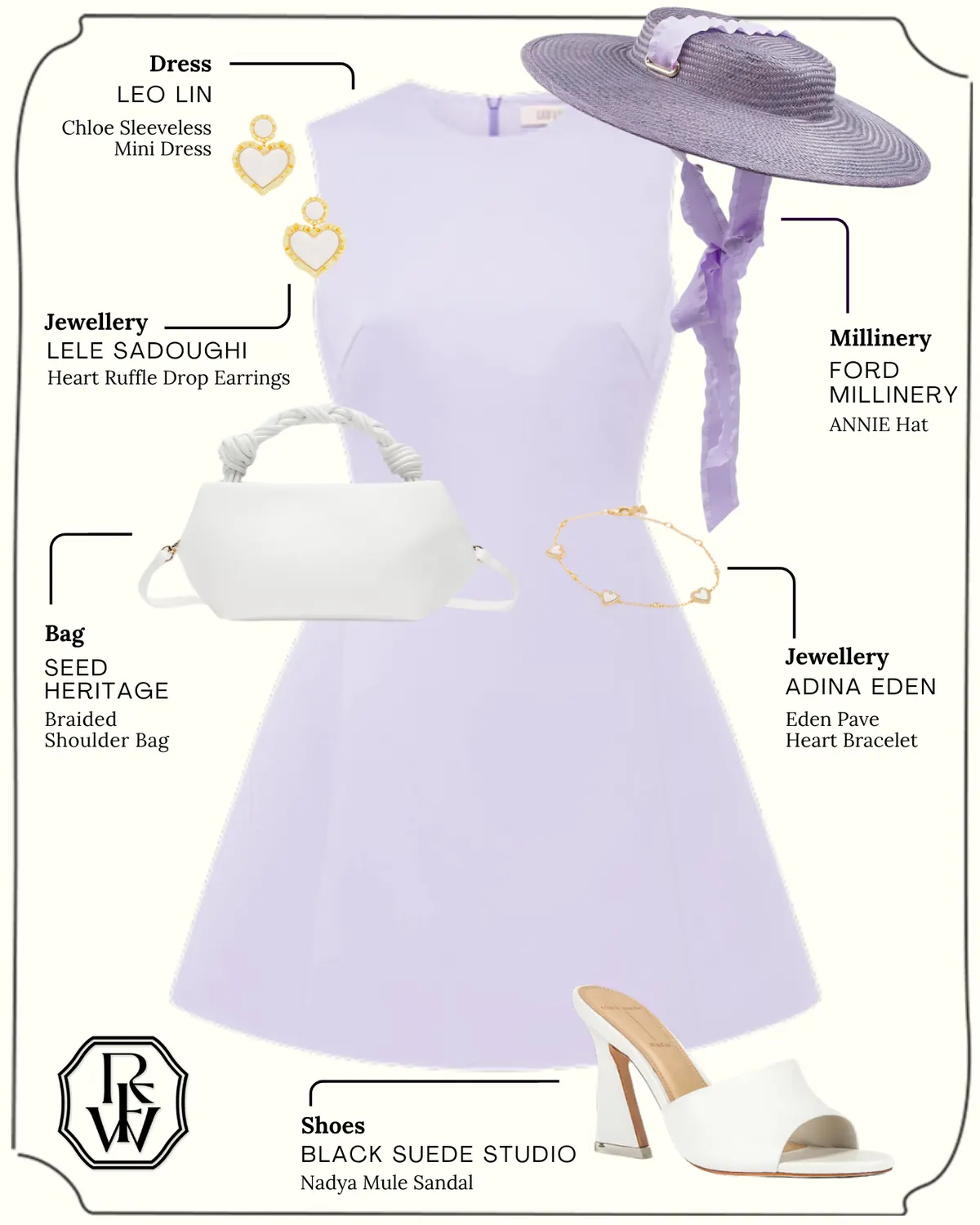 Under 25’s Style Inspiration, page 2: LEO LIN Chloe Sleeveless Mini Dress; LELE SADOUGHI; FORD; Heart Ruffle Drop Earrings; ANNIE Hat; SEED HERITAGE; ADINA EDEN; Braided Shoulder Bag; Eden Pave Heart Bracelet; BLACK SUEDE STUDIO Nadya Mule Sandal