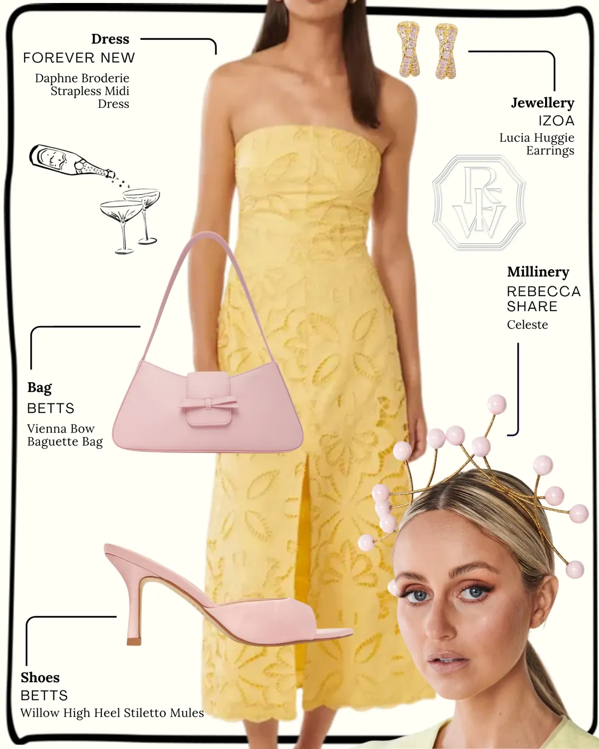 Under 25’s Style Inspiration, page 3: FOREVER NEW Daphne Broderie Strapless Midi; IZOA Lucia Huggie; REBECCA SHARE Celeste; BETTS Vienna Bow Baguette Bag; BETTS Willow High Heel Stiletto Mules