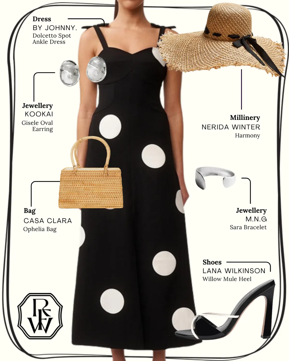 Under 25’s Style Inspiration, page 5: BY JOHNNY. Dolcetto Spot Ankle Dress; KOOKAI Gisele Oval Earring; CASA CLARA Ophelia Bag; NERIDA WINTER Harmony; M.N.G Sara Bracelet; LANA WILKINSON Willow Mule Heel